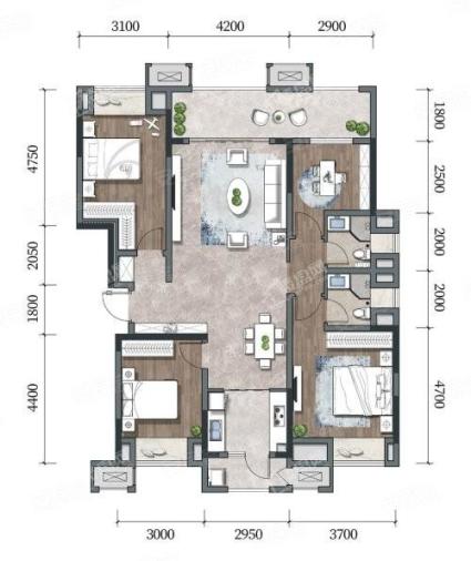 洋楼D户型， 4室2厅2卫1厨， 建筑面积约129.00平米