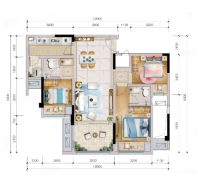 X1-2户型， 3室2厅2卫1厨， 建筑面积约94.21平米