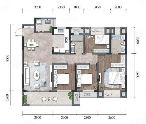 洋楼C户型， 4室2厅2卫1厨， 建筑面积约127.00平米