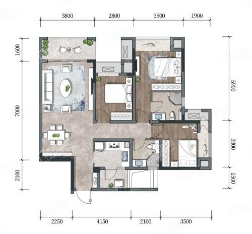 洋楼A户型， 3室2厅2卫1厨， 建筑面积约100.00平米