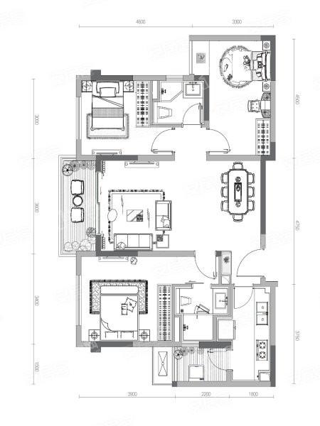 高层E户型， 3室2厅2卫1厨， 建筑面积约101.00平米