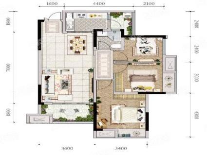 H/N户型， 3室2厅1卫1厨， 建筑面积约92.08平米
