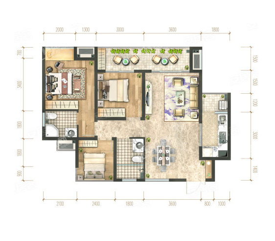 4栋A1户型， 2室2厅2卫1厨， 建筑面积约100.42平米