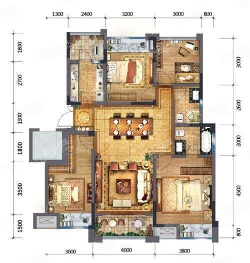 套内105㎡三房户型， 3室2厅2卫1厨， 建筑面积约123.00平米