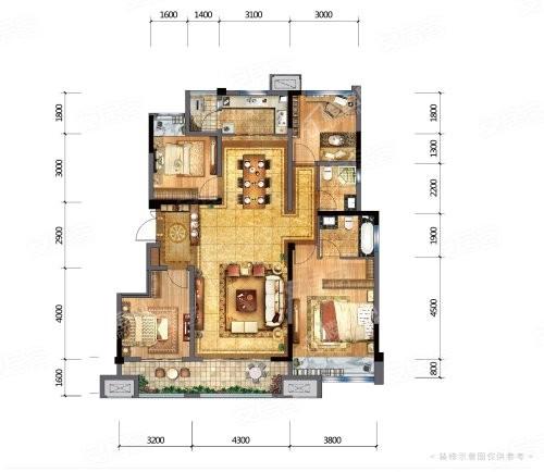 D套内114户型， 3室2厅2卫1厨， 建筑面积约132.00平米