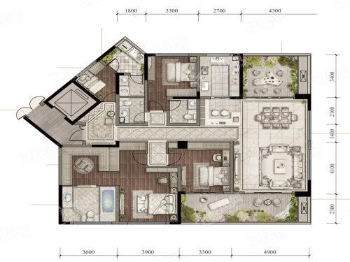 大平层D户型， 4室2厅2卫1厨， 建筑面积约201.77平米