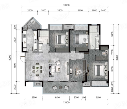 洋楼云樾户型， 4室2厅2卫1厨， 建筑面积约142.00平米