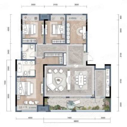 套内约139㎡D户型， 4室2厅2卫1厨， 建筑面积约168.00平米