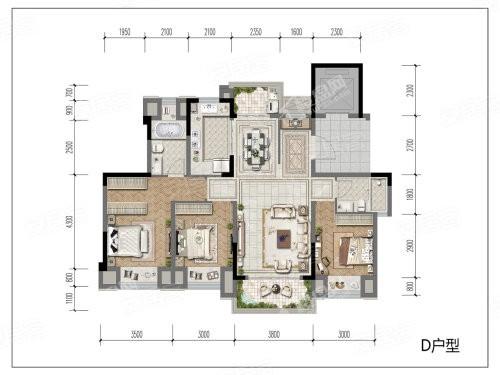 平层D户型套内88㎡， 3室2厅2卫1厨， 建筑面积约117.00平米