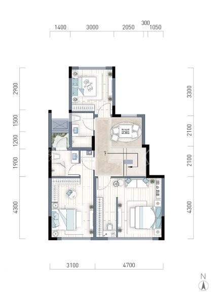 A2中叠套内123㎡， 4室2厅2卫1厨， 建筑面积约141.00平米