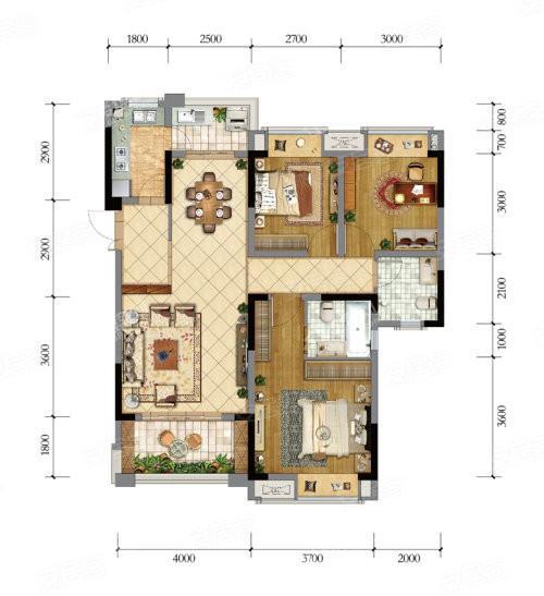 D户型， 3室2厅2卫1厨， 建筑面积约104.00平米