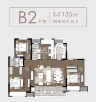 路劲璞玉澜岸 B2户型，4室2厅2卫，约135平米