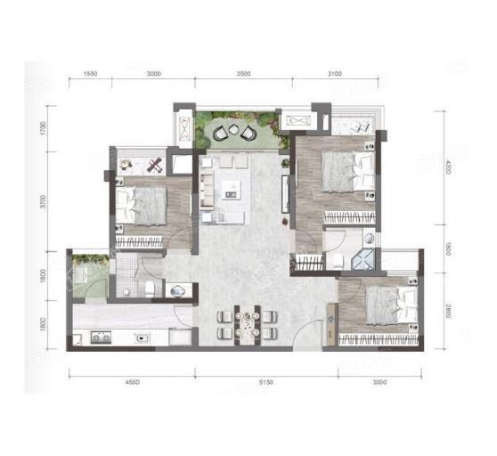 H2户型， 3室2厅2卫1厨， 建筑面积约99.00平米