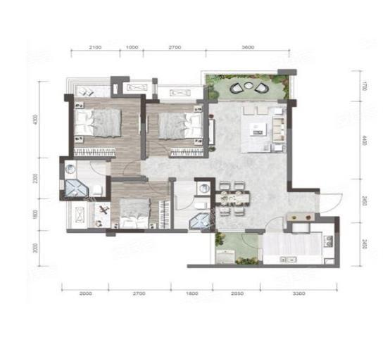 H1户型， 3室2厅2卫1厨， 建筑面积约99.00平米