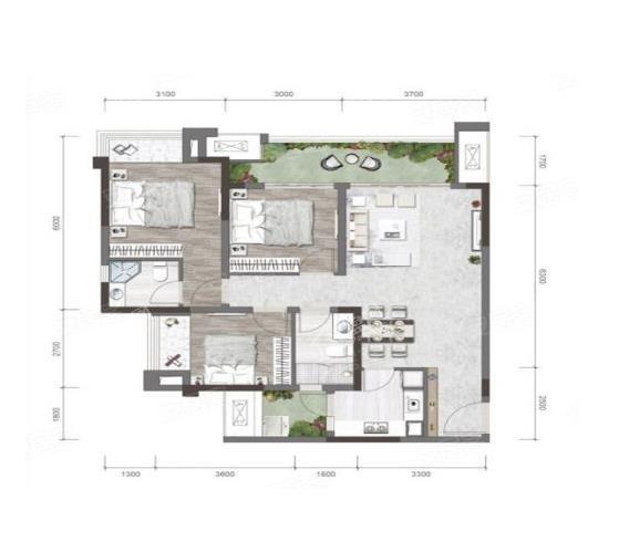 B1户型， 3室2厅2卫1厨， 建筑面积约99.00平米