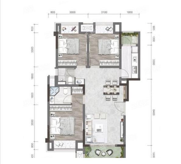 A1户型， 3室2厅2卫1厨， 建筑面积约99.00平米