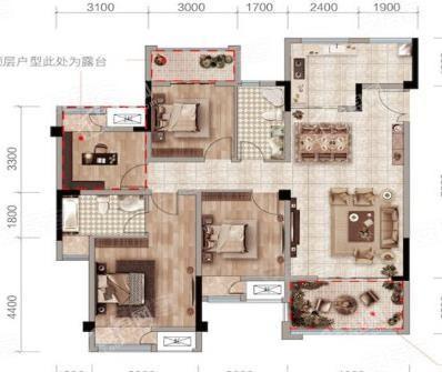 平墅B套内户102㎡户型， 4室2厅2卫， 建筑面积约120.00平米