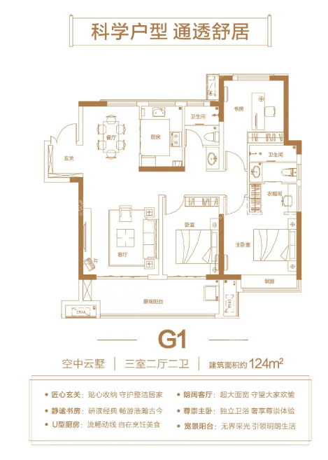 G1户型124㎡三室两厅两卫