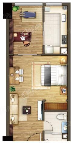 套内40㎡A户型， 1室1厅1卫1厨， 建筑面积约53.00平米