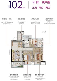 云熙B户型，3室2厅2卫，约102平米