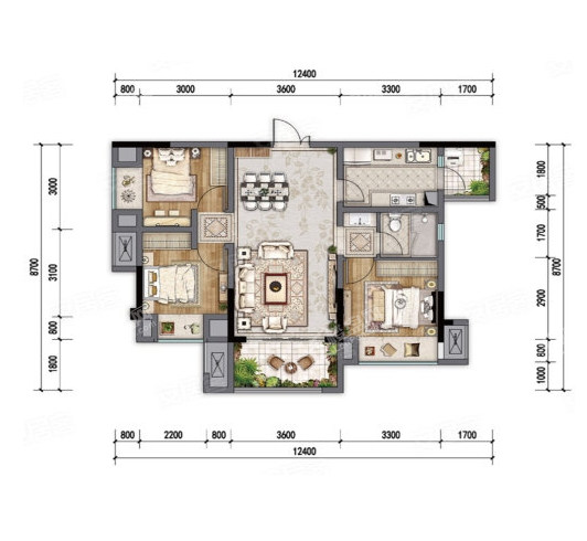 平层D3户型， 3室2厅1卫1厨， 建筑面积约90.00平米