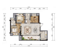 平层D1户型， 3室2厅2卫1厨， 建筑面积约99.00平米