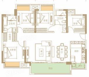 套内112㎡F户型， 4室2厅2卫1厨， 建筑面积约140.00平米
