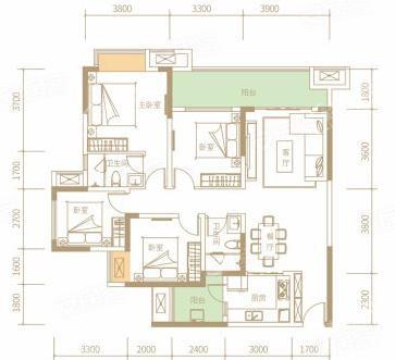 套内111㎡A1户型， 4室2厅2卫1厨， 建筑面积约135.00平米