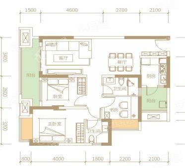 套内81㎡C1户型， 3室2厅2卫1厨， 建筑面积约99.00平米