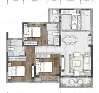 澜庭C2户型， 3室2厅2卫1厨， 建筑面积约113.00平米