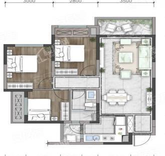 澜庭B1户型， 3室2厅1卫1厨， 建筑面积约89.00平米
