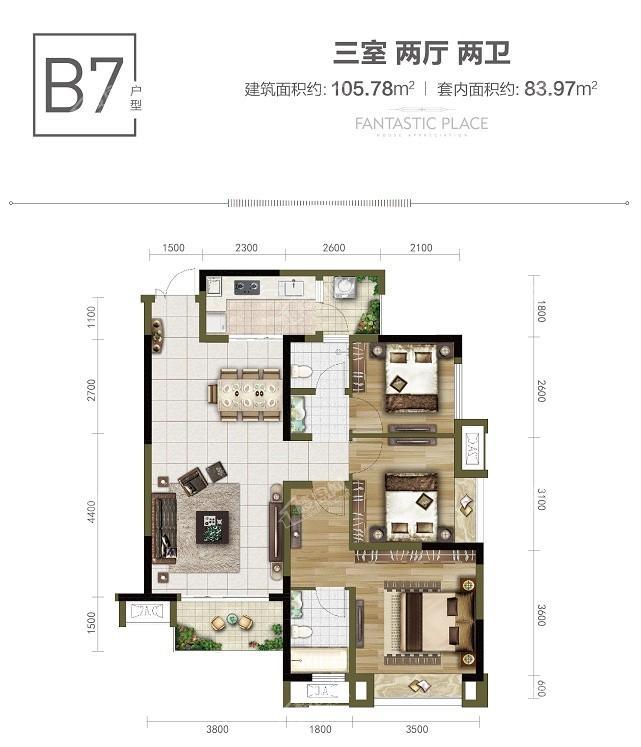 天泰钢城印象B7户型 3室2厅2卫 建面105.78㎡ 套内83.97㎡