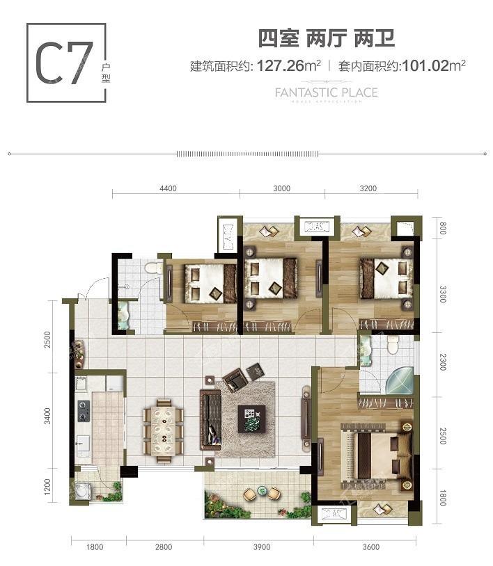 天泰钢城印象C7户型 4室2厅2卫 建面127.26㎡套内101.02㎡