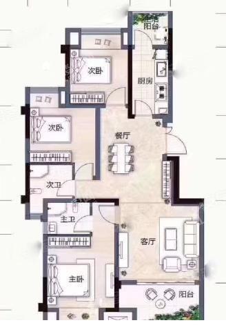 套内约为77㎡户型， 3室2厅2卫1厨， 建筑面积约94.00平米