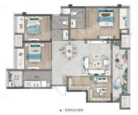 拾光洋房B套内83， 4室2厅2卫1厨， 建筑面积约99.00平米