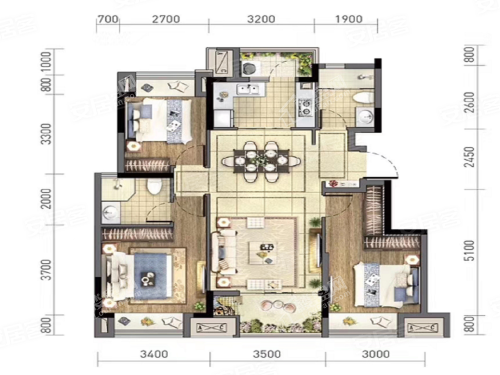 C户型， 3室2厅2卫1厨， 建筑面积约99.00平米