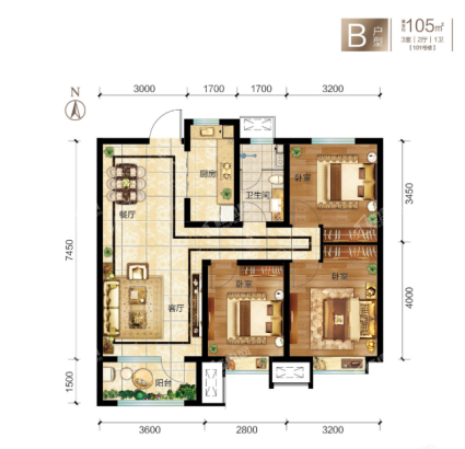 B户型3室2厅1卫105平米