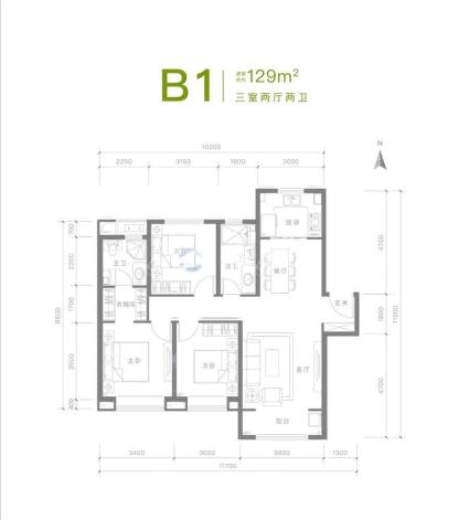 B1户型3室2厅2卫129平米