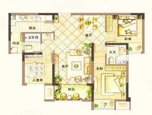 G1户型， 3室2厅2卫1厨， 建筑面积约91.00平米