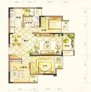 H1户型， 3室2厅2卫1厨， 建筑面积约84.00平米