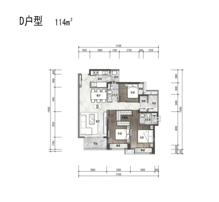 D户型3+1房2房2厅114㎡