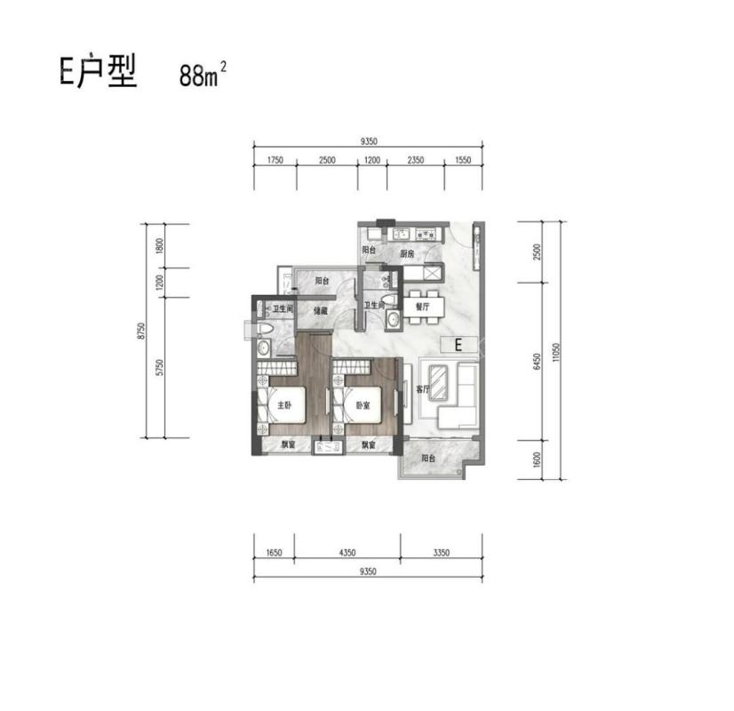 E户型2+1房2房2厅88㎡