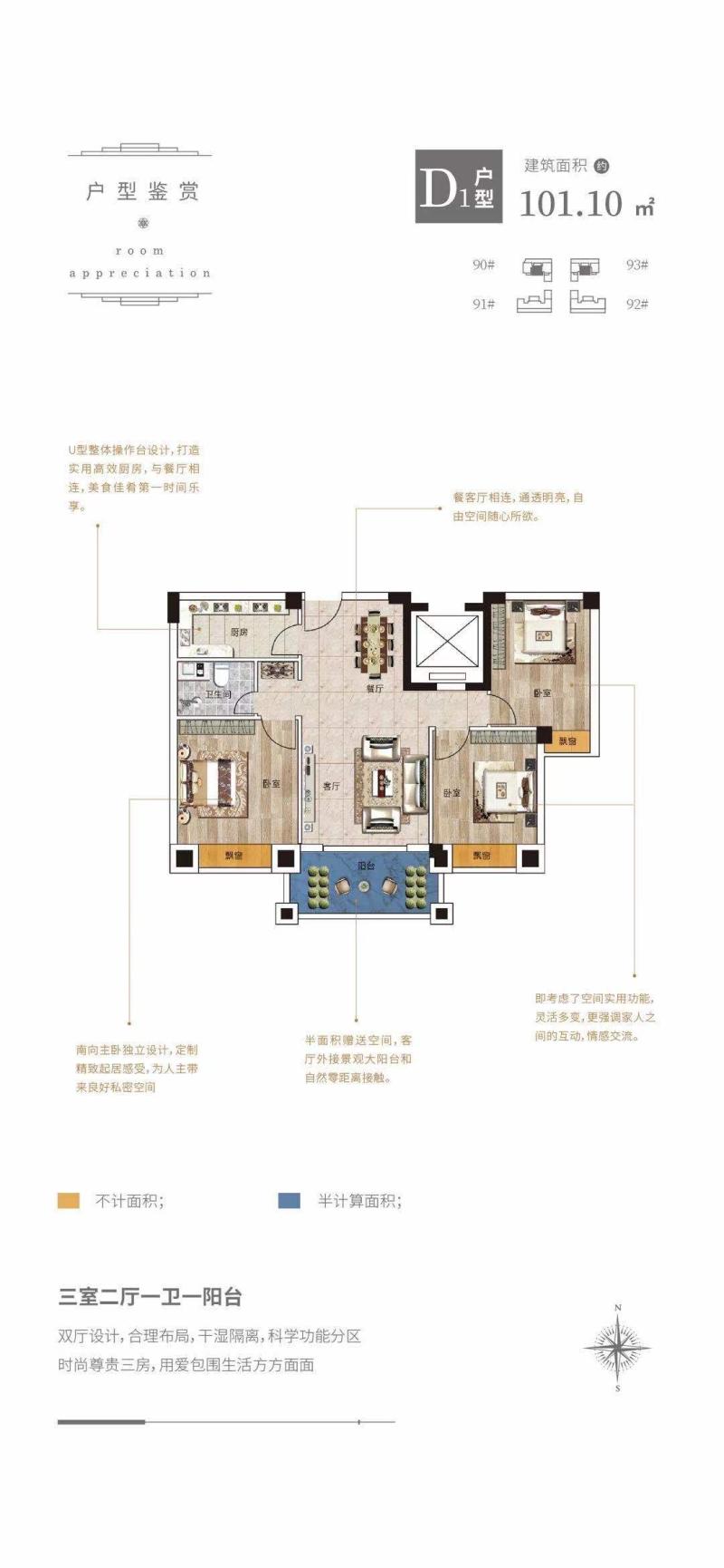 D1户型 三房两厅一卫一阳台 101.10㎡