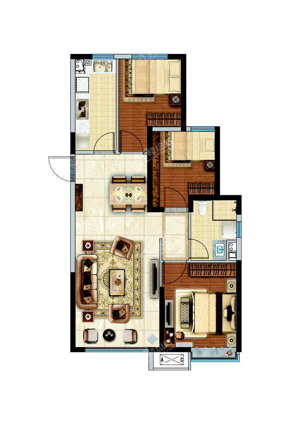 L22#hda户型  101.52平米 三室两厅一卫