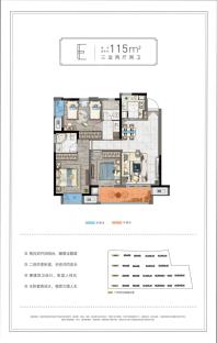 E户型建筑面积约115㎡，三室两厅两卫