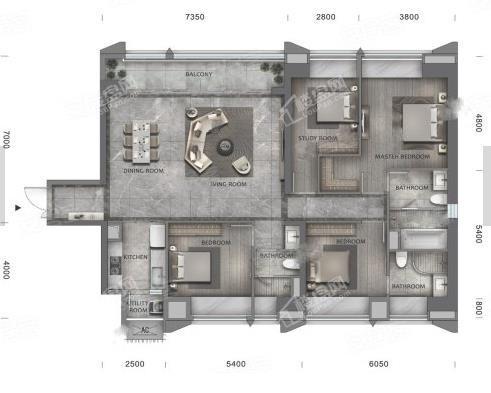 J户型套内140， 4室2厅3卫1厨， 建筑面积约178.00平米