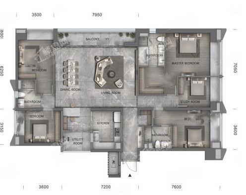 G户型套内186， 5室2厅3卫1厨， 建筑面积约236.00平米