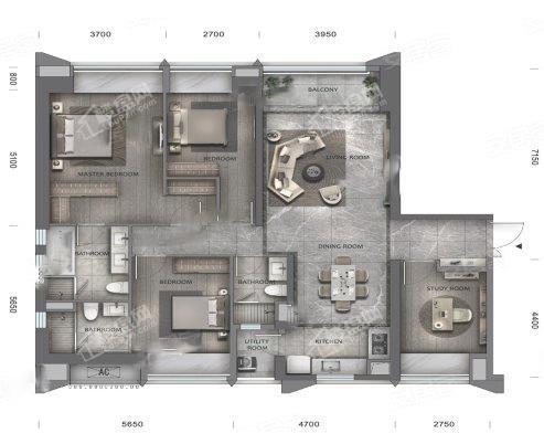 A户型套内122， 4室2厅2卫1厨， 建筑面积约164.00平米