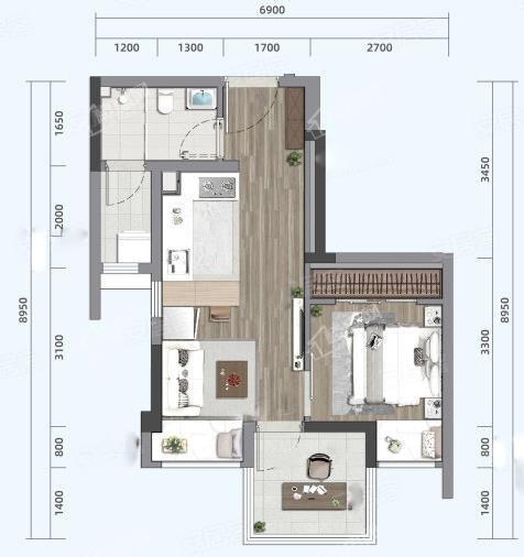 C户型， 1室1厅1卫0厨， 建筑面积约46.00平米