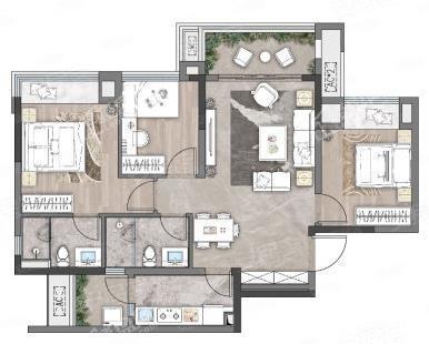B1， 3室2厅2卫1厨， 建筑面积约92.00平米